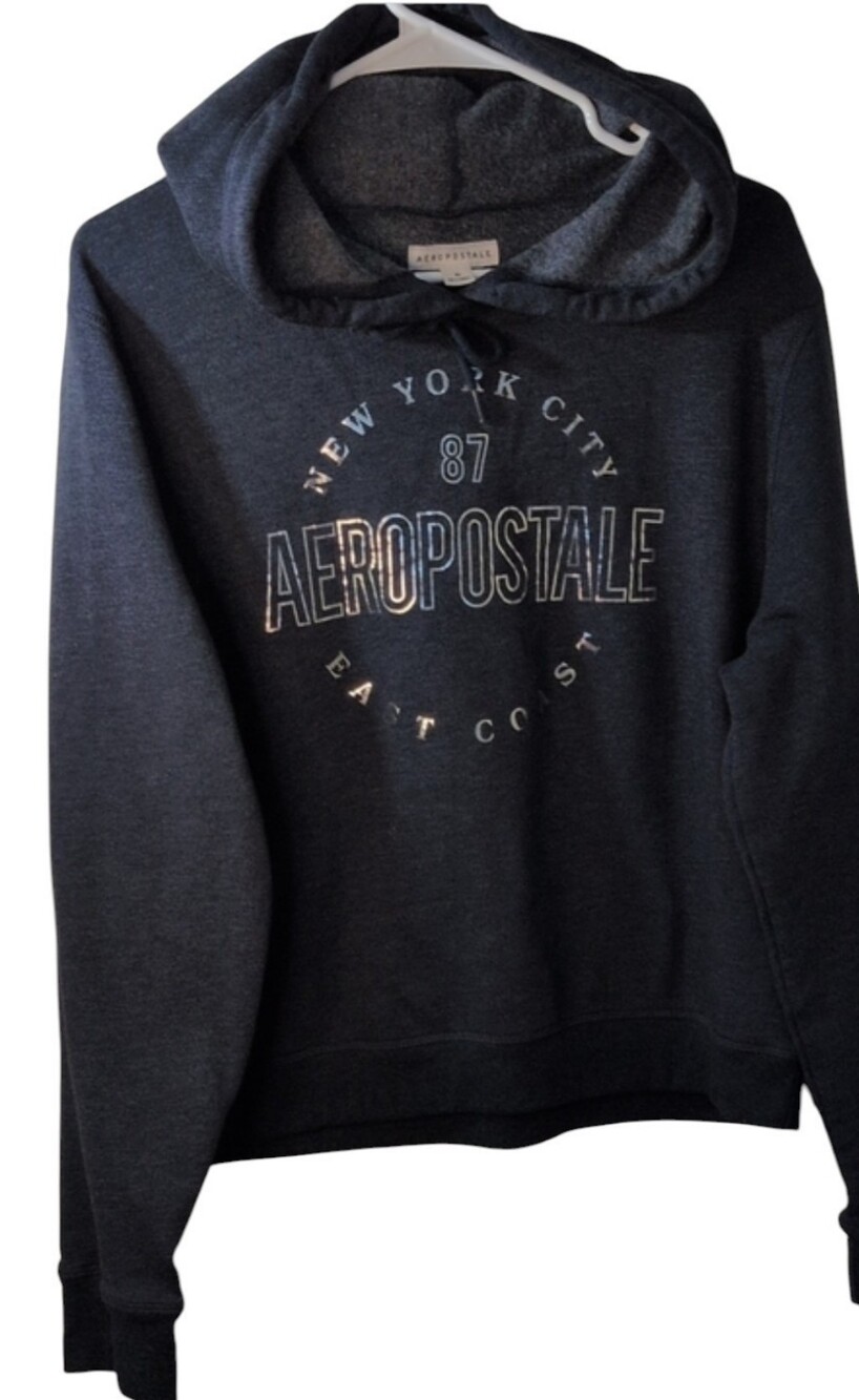 AeropostaleNavy Hooded Pullover with New York 🌆 Holographic Rainbow Affect, XL
